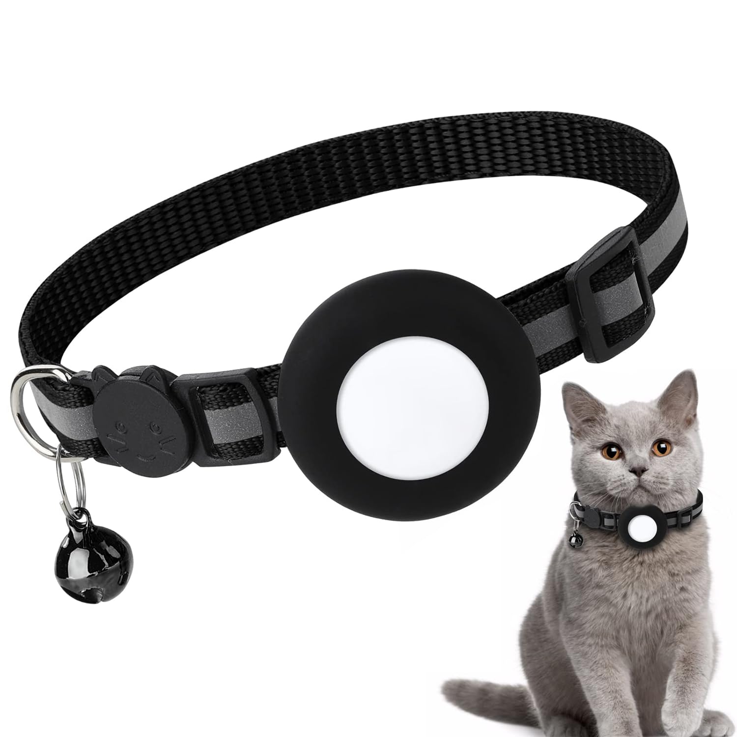Smart Feline Safety Collar with AirTag Compatibility, Reflective Adjustable Pet Tracker for Cats and Small Dogs, Anti-Loss Design in Black, Perfect for Kittens and Adult Cats