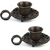 NIKKY HOME Vintage Small Brown Taper Candle Holders Set of 2, Handle Design | Old Fashioned Rustic Metal Candlestick Stand for Table Centerpieces, Dinners, Wedding, Mantel, Housewarming Gift