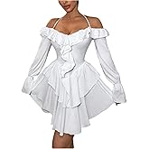 Floerns Women's Off The Shoulder Halter Dress Long Sleeve Layered Ruffle A Line Mini Dresses
