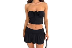 Goafuliy 2 Piece Skirt Outfits for Women Y2k Summer Bandeau Going Out Crop Tops and Low Wasit Mini Skorts Sets