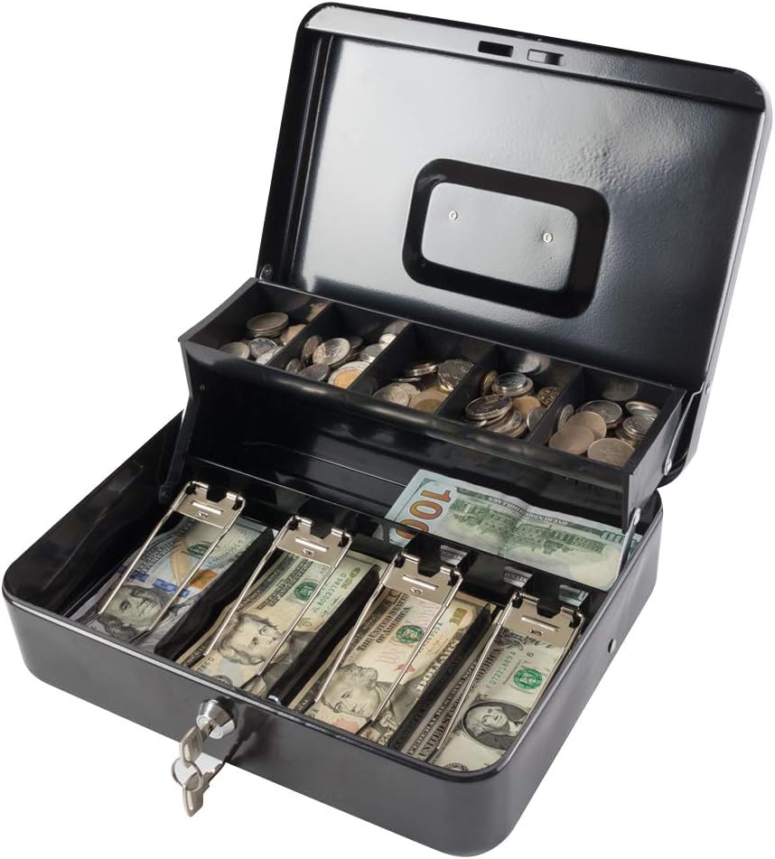 Cash Box with Lock Key and Money Tray - Large Money Box for Cash