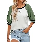 Fisoew Womens Crewneck Sweatshirt Ribbed Raglan Half Sleeve Pullover Tops Color Block Loose Fit Sweatshirts