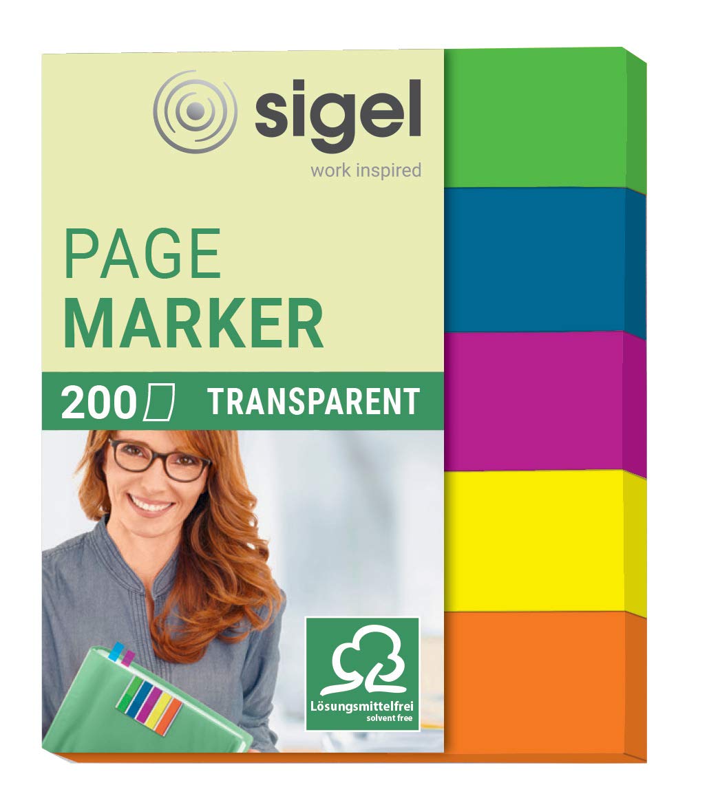 SIGEL HN615 Transparent Index Page Markers, 5 x 40 strips, Blue/Pink/Yellow/Orange/Green