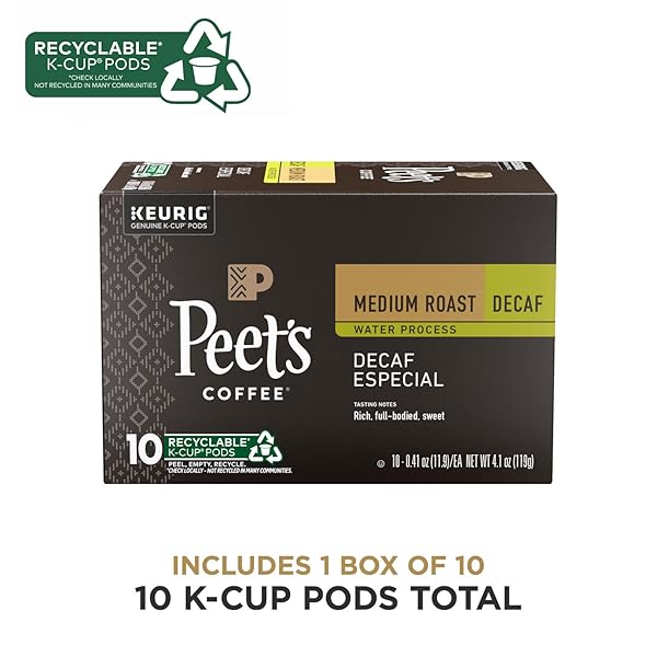 PEET’S COFFEE, MEDIUM ROAST DECAF KEURIG K-CUP PODS, DECAFFEINATED ARABICA COFFEE – DECAF ESPECIAL 10 COUNT (1 BOX OF 10 PODS)
