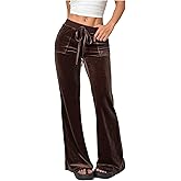 Floerns Women's Velvet Drawstring Waist Bell Bottom Flare Leg Long Pants with Pockets