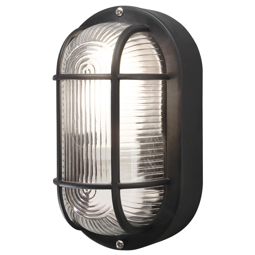 Konstsmide 7650-750 Elmas Bulk Head Outdoor Wall Light Mains Powered/W: 12cm D: 10.5cm H: 20cm / 1 x 40 W E27 Max Wall Lamp/Clear Ribbed Glass/Plastic / IP44 / Outside Light Black