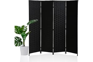 DOPINMIN Room Divider, 6FT(H) Wood Screen, 4 Panels Wood Mesh Woven Design Room Privacy Screen Divider, Indoor Temporary Wall Folding Portable Partition Screen, Wall Divider, for Living Room, Bathroom (Black)