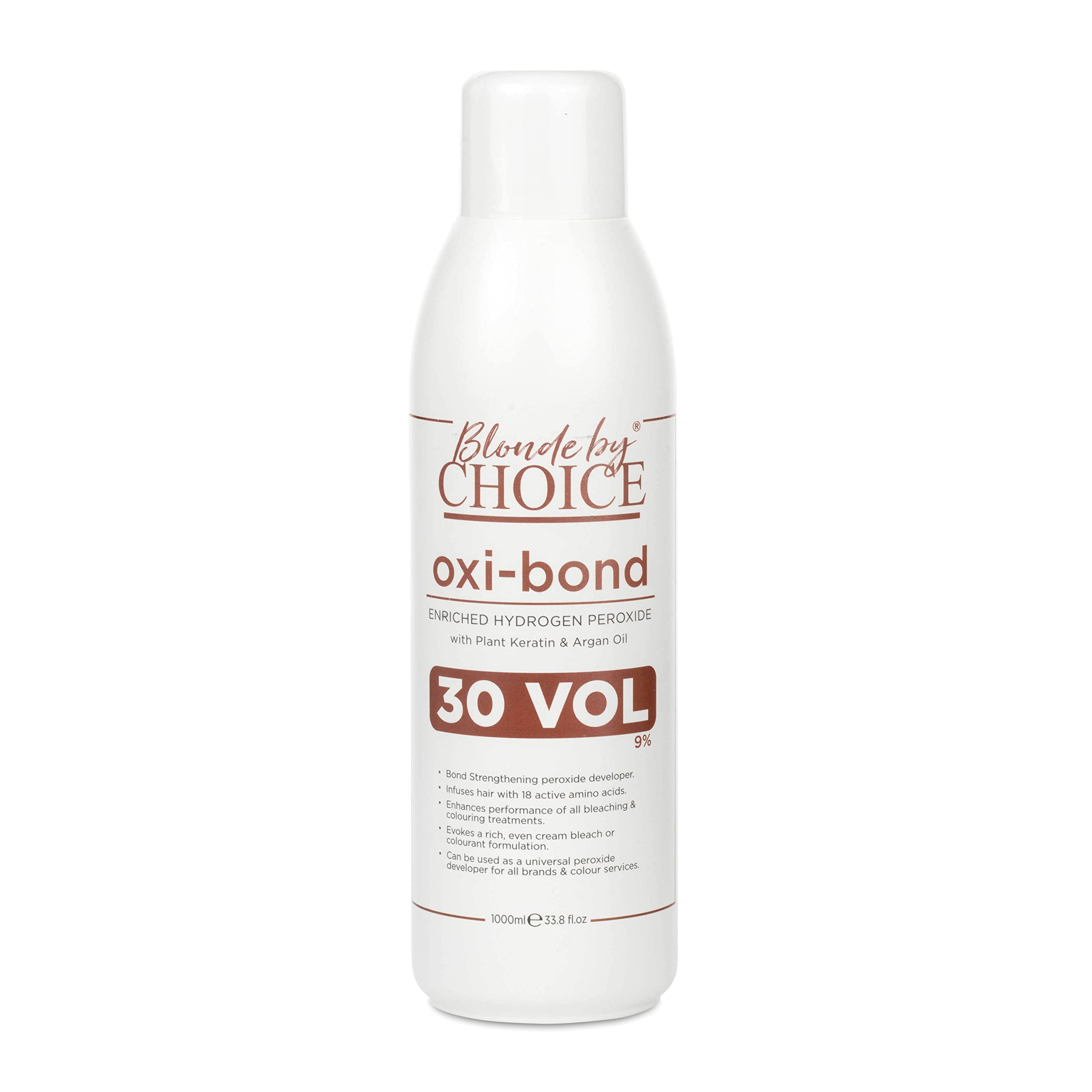 Blonde By Choice Oxi-bond 30 Vol Developer Enriched 9% Hydrogen Peroxide with Keratin, Argan Oil & Amino Acids. Mix Hair Bleach Powder And Peroxide to Improve Hair Colouring or Bleaching 1000ml