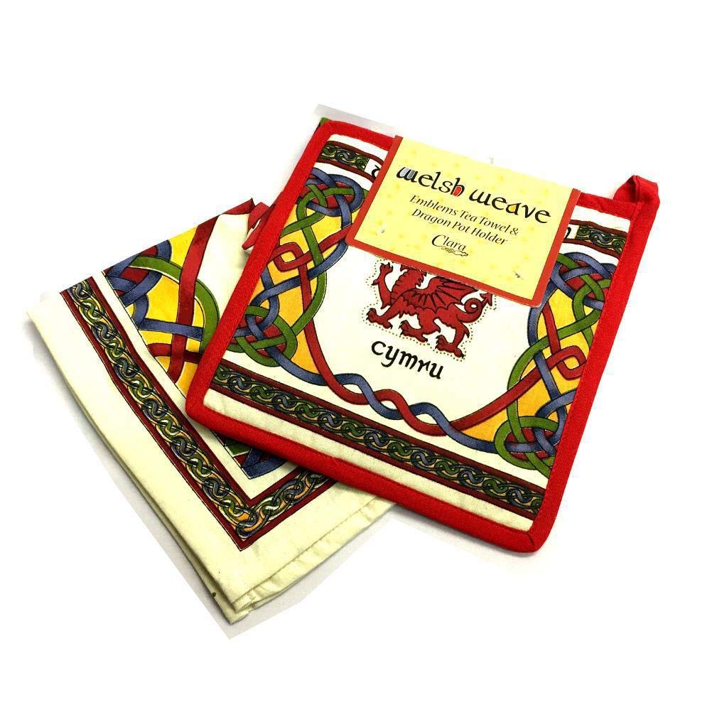 Celtic Weave Welsh Dragon Pot Holder and Tea Towel Set