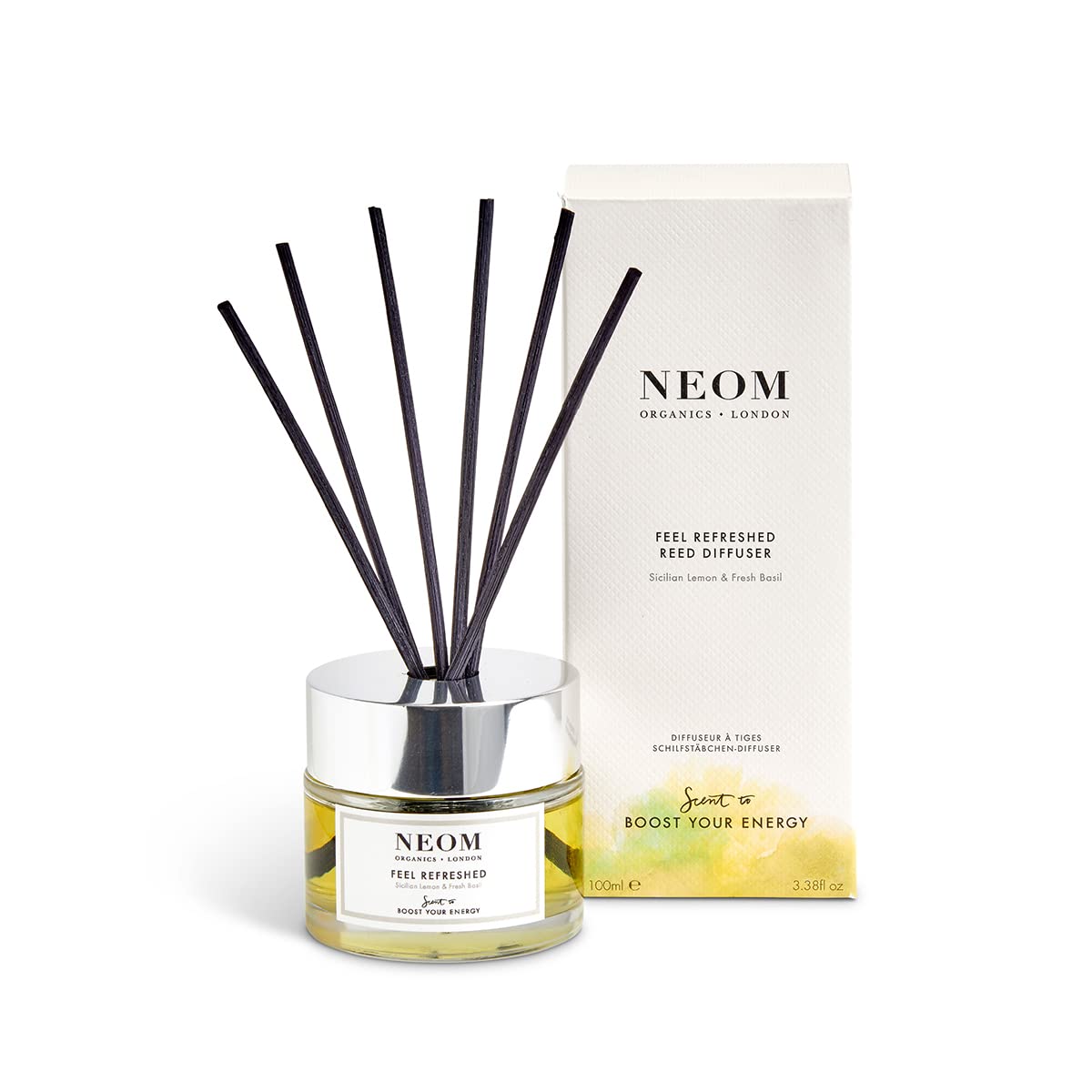 NEOM- Feel Refreshed Reed Diffuser, 100ml | Lemon & Basil | Essential Oil Aromatherapy Reed Diffuser | Scent to Boost Your Energy