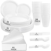 MirthMood 350PCS White Disposable Plates, Round Solid Color Disposable Plates for Party, including 50 Dinner Plates,50 Dessert Plates,50 White Silverware,50 Napkins and 50 16OZ Cups