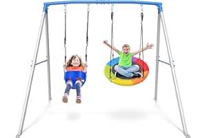 Trekassy Swing Sets for Backyard, 440lbs Heavy Duty A-Frame Metal Swing Stand with 1 Saucer Swing and 1 Toddler Swing Outdoor Kids Play Equipment for Playground Playset