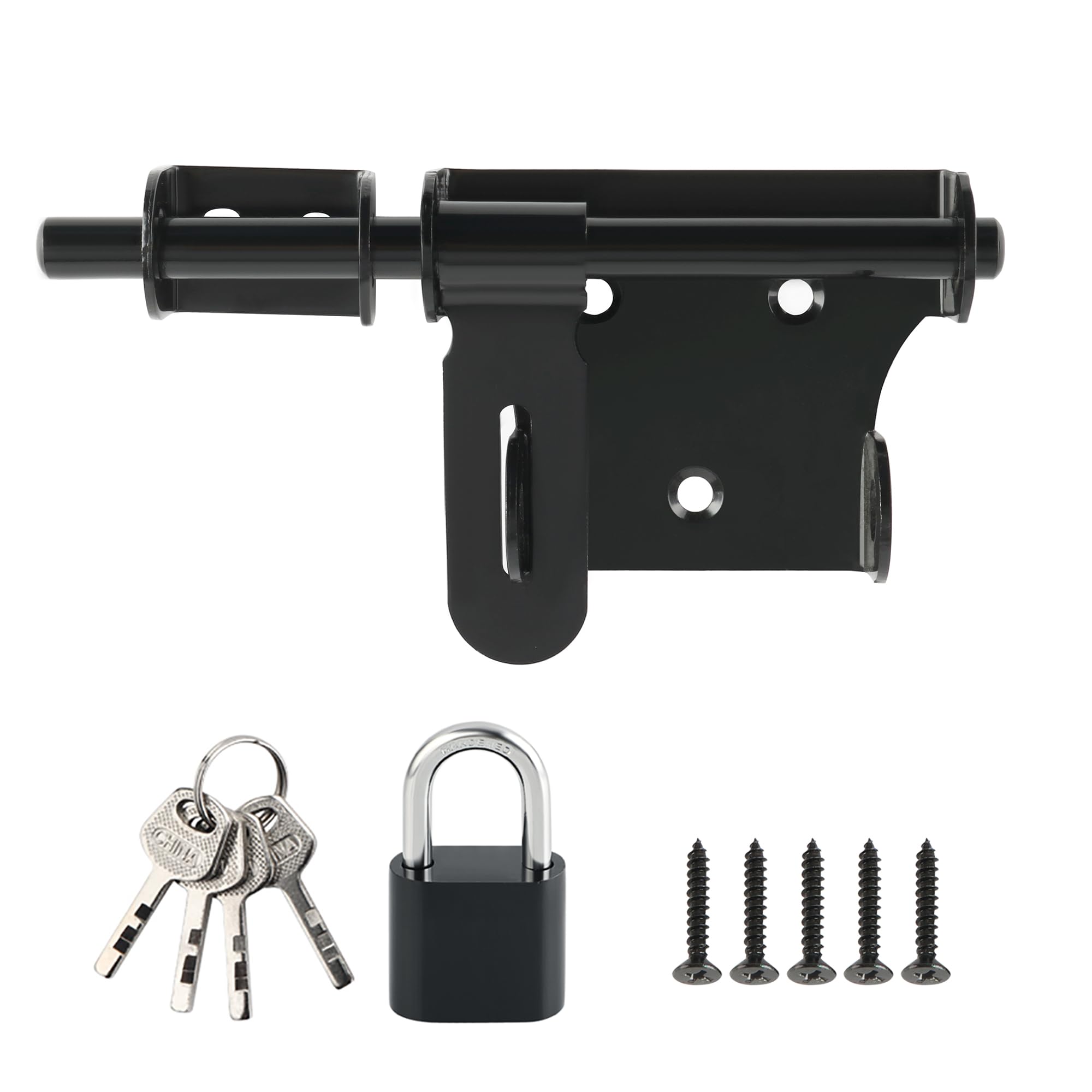 SAYAYO Gate Latch Bolt Lock with Padlock & 4 Keys Gate Locks for Wooden Gates Garden Shed Locks, 6-Inch Stainless Steel Matte Black, EMS350B-SET — image 1