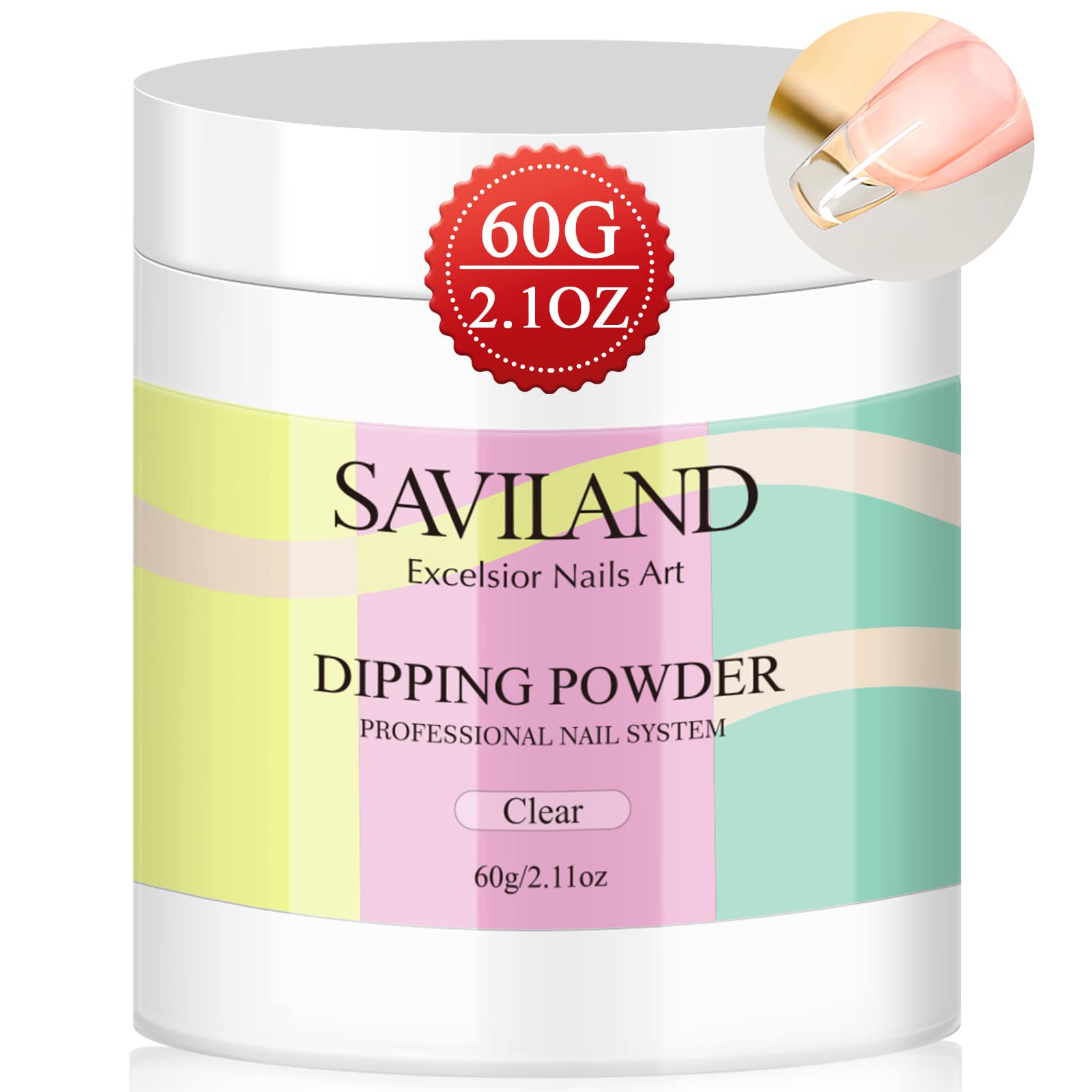 Saviland 60g Clear Dipping Powder - 2.1oz Big Bottle Dip Powder French Nail Art Starter Manicure, Strengthen NailPowder, Dip Nail Powder Kit Easy for Nail Beginners to Use No Nail Lamp Needed