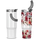 Tswofia 30 Oz Sublimation Tumblers Blank with Portable Handle, Stainless Steel Sublimation Cup with Straw Leakproof Flip, Individually Boxed (2 Pack)