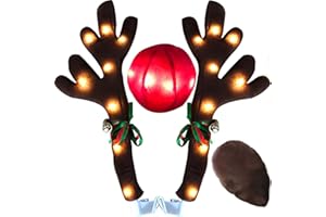 GLACBIUG Reindeer Antlers for Cars with LED Lights, Car Christmas Reindeer Antler Decorations, Reindeer Car Kit Antlers with Nose&Tail for The Trunk, Premium Reindeer Car Kit Antlers for Any Vehicle,SUV, Truck