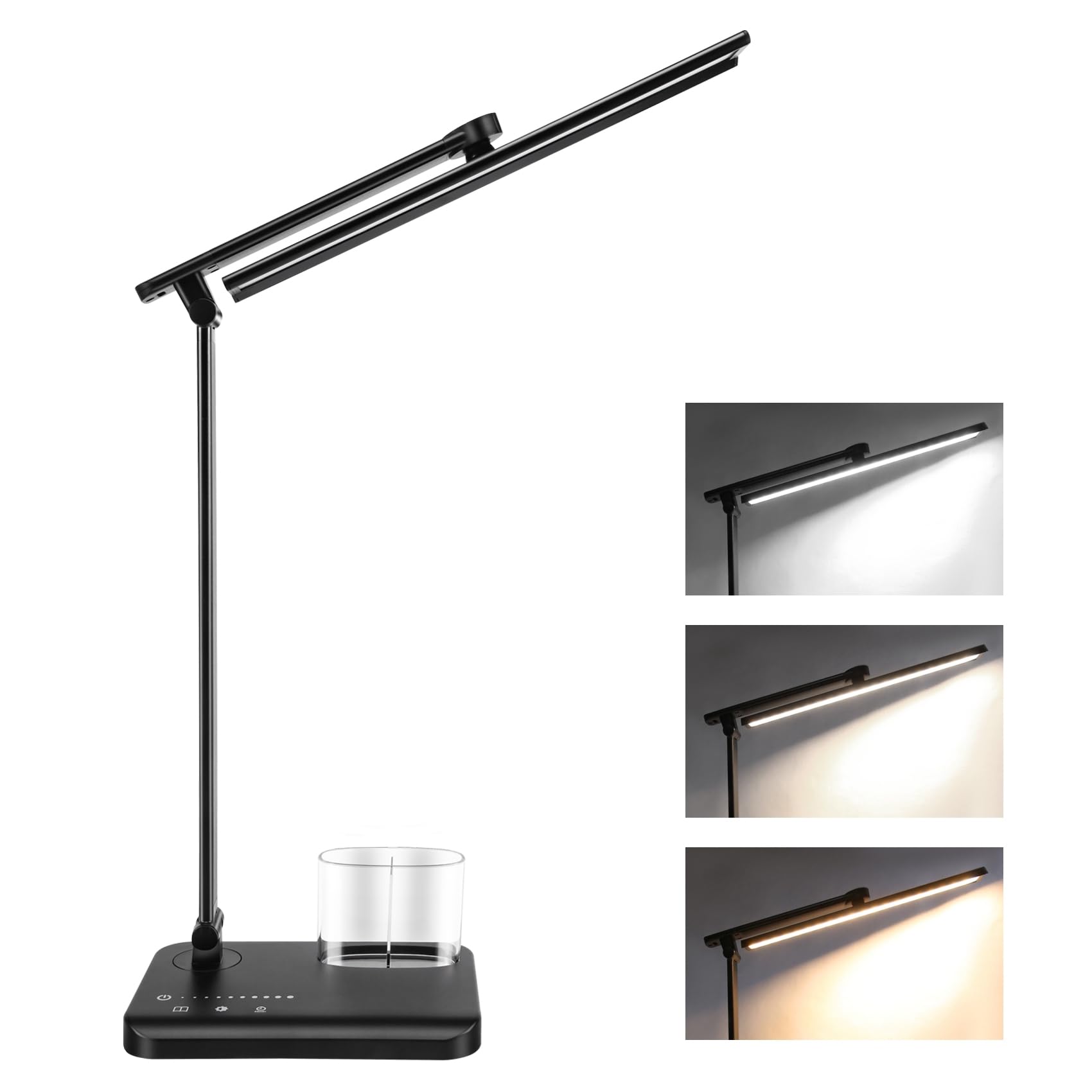 Lrtzizy Home Lamp, Dual-Head LED Desk Lamp for Home Office, with USB Charging Port, 10 Brightness Levels, 5 Lighting Modes and Timer Function, Black
