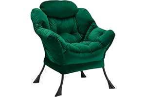 Youtanic Lazy Chair Thick Padded, Accent Chair Velvet Upholstered with Wide Seat, Stable Metal Frame and Non-Slip Pad, Modern Sofa Armchair with Side Storage Bag for Dorm, Room, Office, Green
