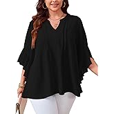 SCOMCHIC Women's Plus Size Blouse 3/4 Sleeve V Neck Chiffon Dressy Casual Shirts Business Work Office Tunic Tops XL-5XL