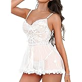ShawGobow Heart Lace Babydoll Dress,3D Floral Sheer Mesh Lingerie Set,Sexy Night Gowns For Women Boudoir Valentines