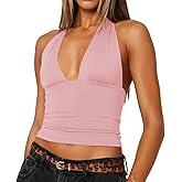 YFANG Women's Sexy Halter Deep V Neck Crop Tank Top Stretchy Sleeveless Double Lined Slim Fit Going Out Tank Top