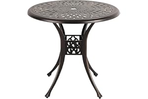 COBANA Patio Bistro Table, 31’’ Round Cast Aluminum Outdoor Dining Retro Side Table with 2’’ Umbrella Hole, Bronze