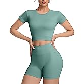OVESPORT 2 Piece Workout Sets for Women Impact Crop Top Shirts and Seamless Gym Shorts Outfits