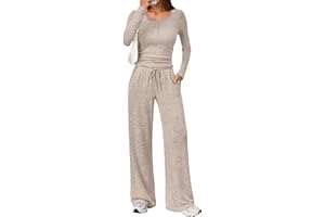 Trendy Queen Women's 2 Piece Matching Lounge Sets Fall Fashion Outfits Henley Neck Sweater Top Wide Leg Pants Sweat Suits