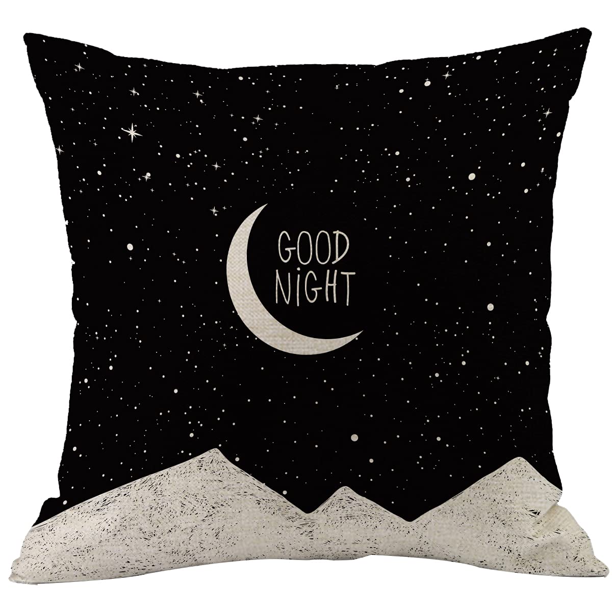 CANSEGO Moon Cushion Covers Night Sky Moon Stars Mountain Good Night Quote Black White Square Pillowcases Cotton Linen Throw Pillow for Women Men Boys Girls Bed 18x18 Inch