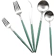 Gugrida Luxury Flatware, Royal 5 Piece Matte White Handle 18/10 Stainless Steel Tableware Sets for 1 Including Forks Spoons Knives, Camping Silverware Travel Utensils Set Cutlery (Green Silver)