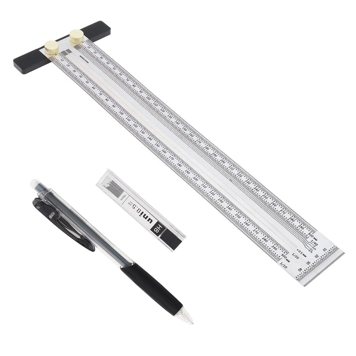 Smgda Precision Marking T-Ruler, 300mm Stainless Steel T Square, Woodworking Scribing Marking Tools with Mechanical Pencil & 0.5mm Refill, Scribing Line Ruler for Carpenters, Designers, Architects