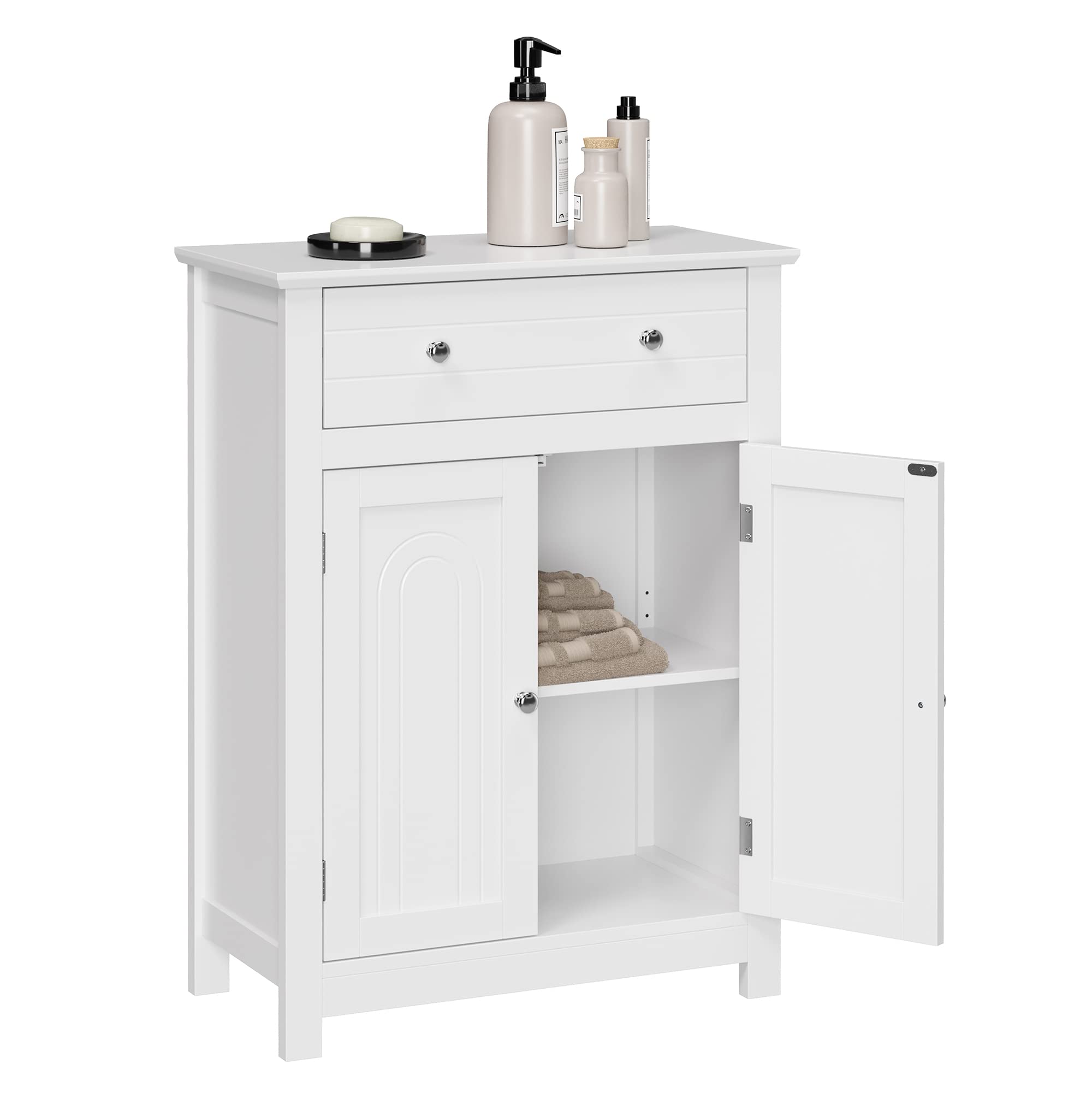 SONGMICS VASAGLE Free Standing Bathroom Cabinet with Drawer and Adjustable Shelf, Kitchen Cupboard, Wooden Entryway Storage Cabinet White, 23.6" L x 11.8" W x 31.5" H, UBBC61WT Image