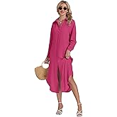 LYANER Women's Collar Button Long Sleeve Max Long Shirt Dress Cardigan Cover Ups