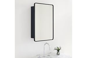 TEHOME Surface Mount 16x24 Black Bathroom Medicine Cabinet with Mirror Matt Black Metal Framed Rounded Rectangle Medicine Cabinet with Beveled Mirror