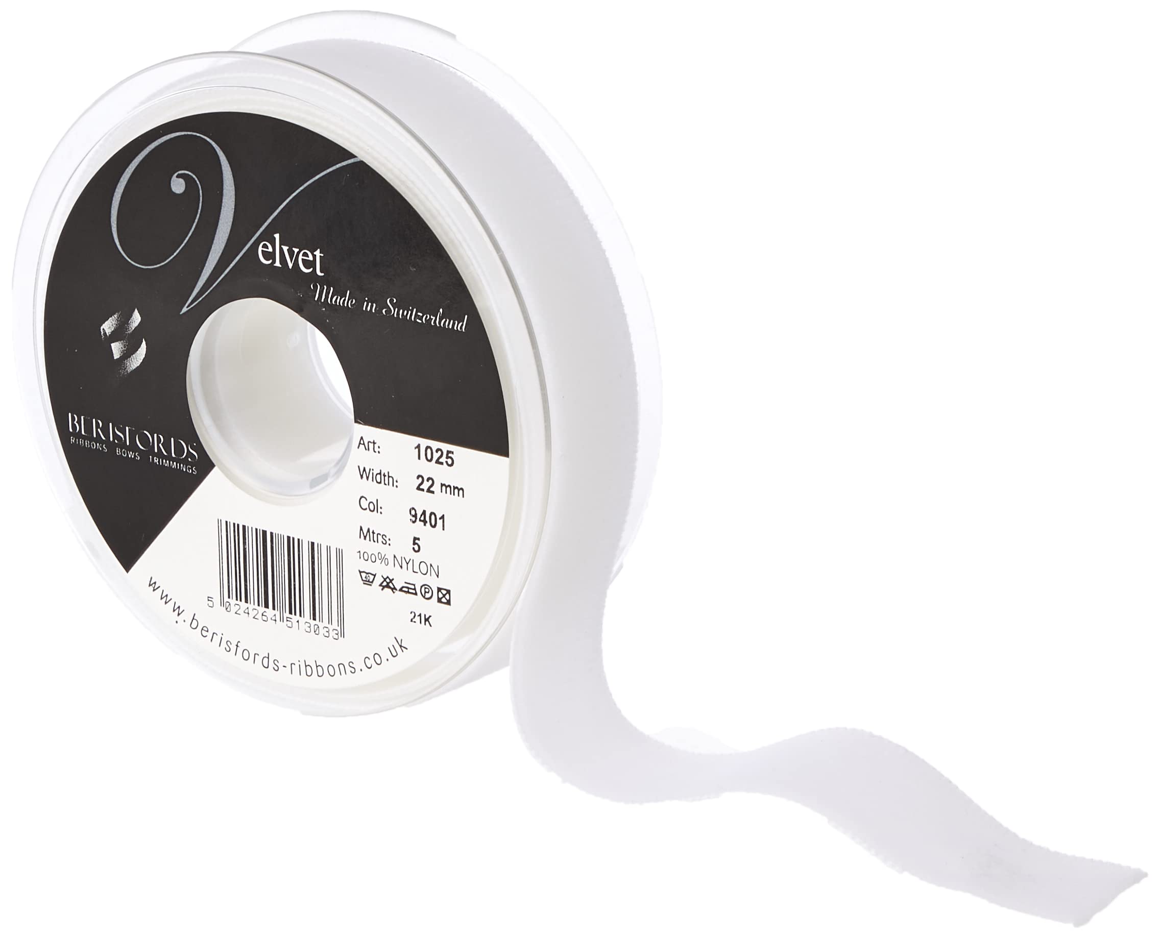 Berisfords Velvet Ribbon, White, 102 x 30 x 102 cm