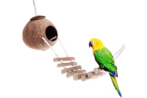 FBIRDY Coconut Bird House Coconut Shell Bird Nest Hanging Birdhouse with Ladder for Parrots, Hamsters Small Animals House Pet Cage Habitats Decor,Pet Bird Supplies