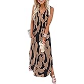 OFEEFAN Maxi Dresses for Women 2026 Loose V Neck Sleeveless Casual Beach Vacation Dress Side Slit Sundresses with Pockets