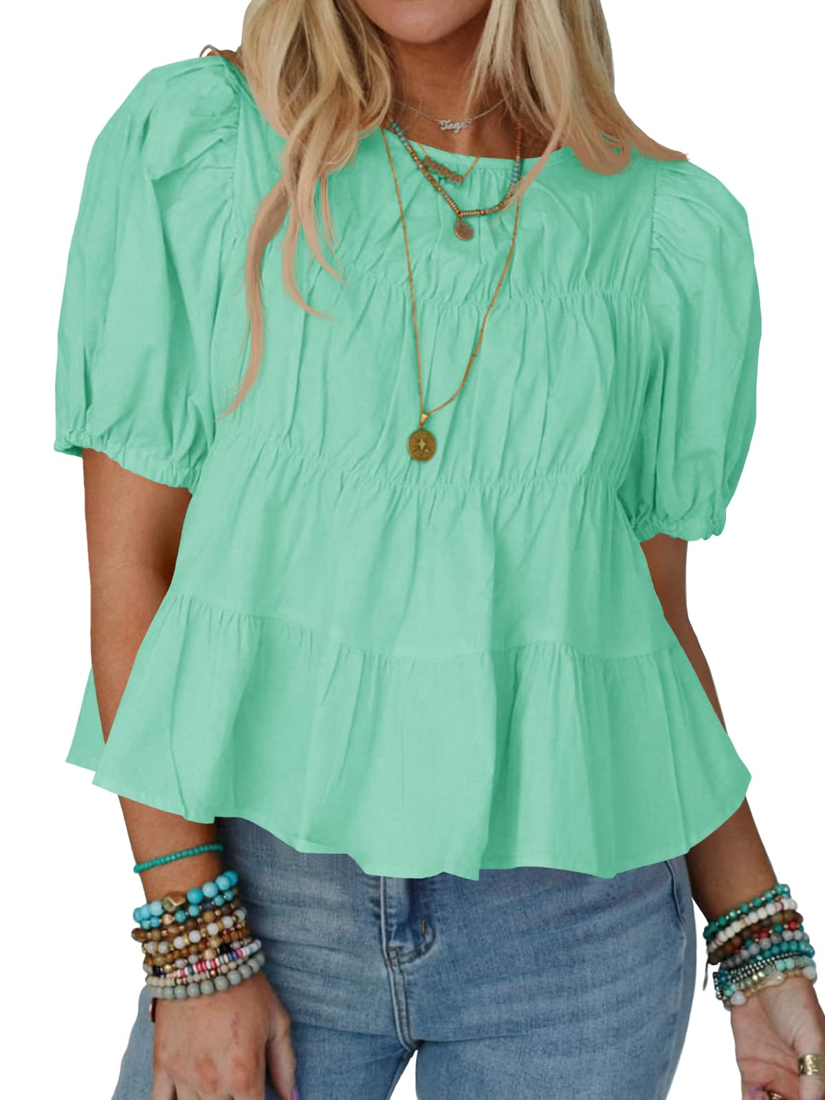 Tankaneo Womens Puff Sleeve Peplum Babydoll Tops