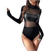 Milumia Women's Pu Leather Contrast Mesh Bodysuit Mock Neck Long Sleeve Leotards