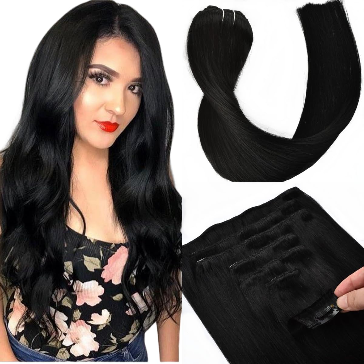 Kun Na 14inch Jet Black Color Long Clip in Hair Extensions Full Head 7Pcs 16Clips Straight Real Human Hair Full Head for Women 120g/pack #1 14 Inch