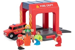 HANQIANN Fire Station Playset Toy for Wooden Train Track,Creative City Firestation Shed Railway Accessories Preschool Learning Educational Pretend Toys for Toddler Kids