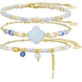 POMODA Beaded Bracelets Set for Women Stackable Healing Layered Bracelets Stack 3PCS Aquamarine Gemstone Crystal Dainty Boho Summer Jewelry for Women Natural Stone 14k Gold Plated
