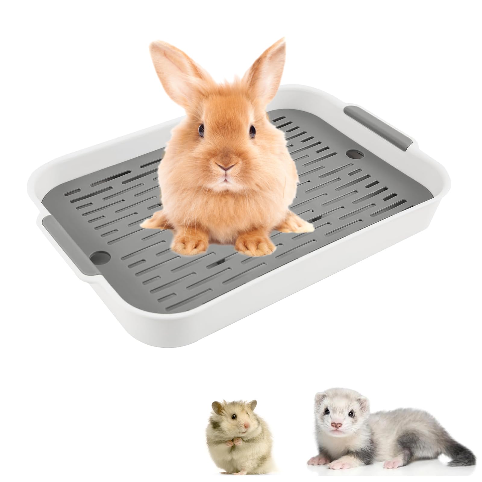 Hoquare Large Rabbit Litter Tray, Rectangular Bunny Litter Box with Grid, 2 Tier Flat Rabbit Cage Toilet Tray, Small Pet Litter Box Toilet Potty for Bunny, Guinea Pig, Cat(White)