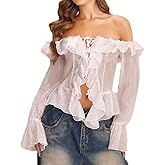 FWSAM Women Sexy Off Shoulder Open Front Ruffle Trim Crop Blouse Y2k Bell Long Sleeve Bow Tie Up See Through Shirt Top