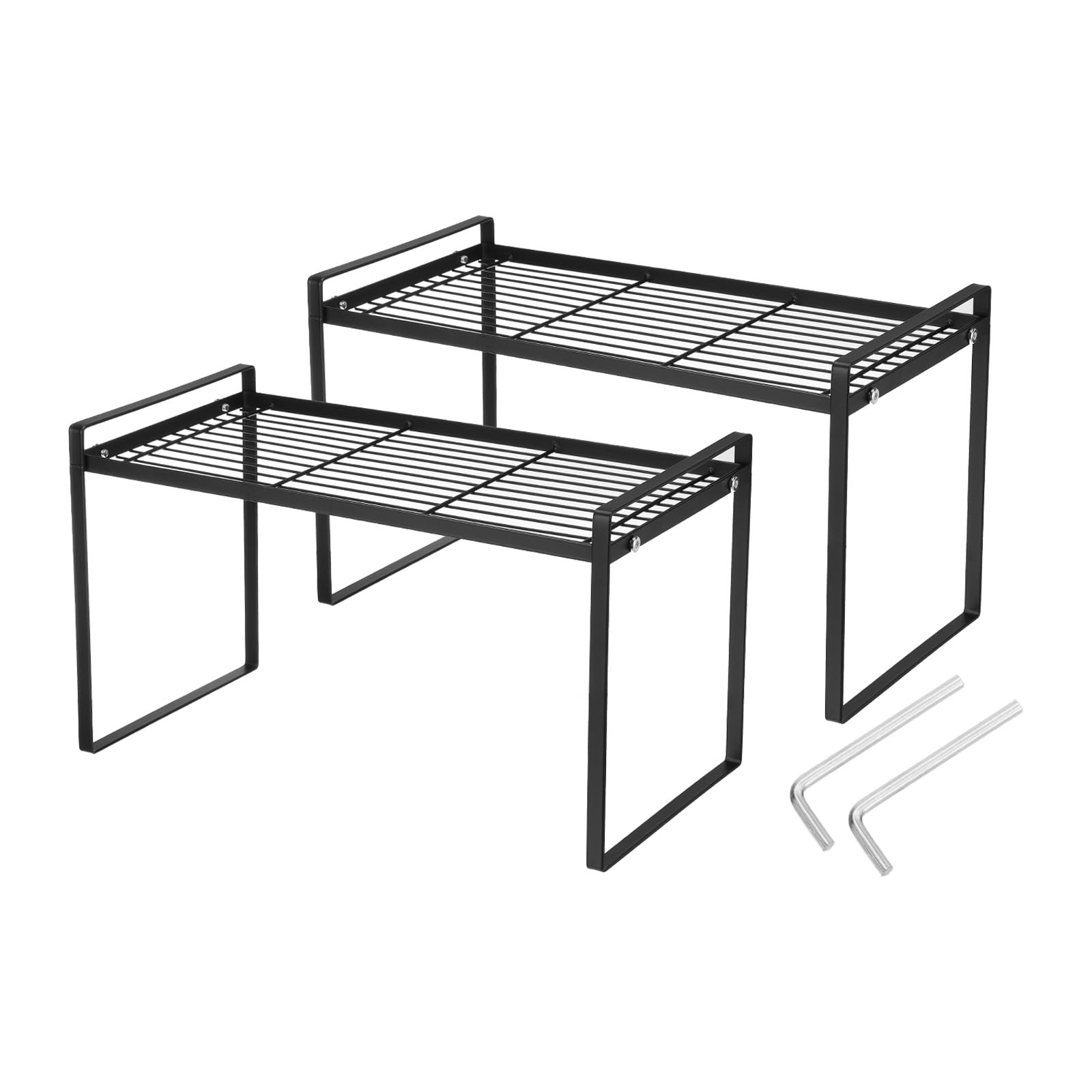 PATIKIL Kitchen Cabinet Organizer Shelves, 2 Pack Stackable Cabinet Shelves Organizer Counter Organizer Rack for Pantry Bedroom Office L16.5in W8.3in H9.4in, Black