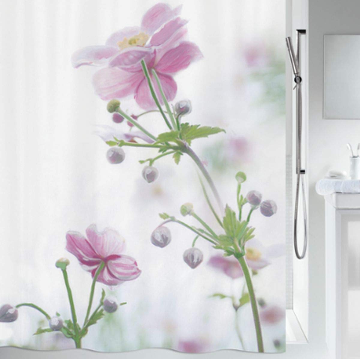 Spirella Anti-Mould Shower Curtain Anti-Bacterial Washable Waterproof Polyester Anemone Flowers 180 x 200 cm