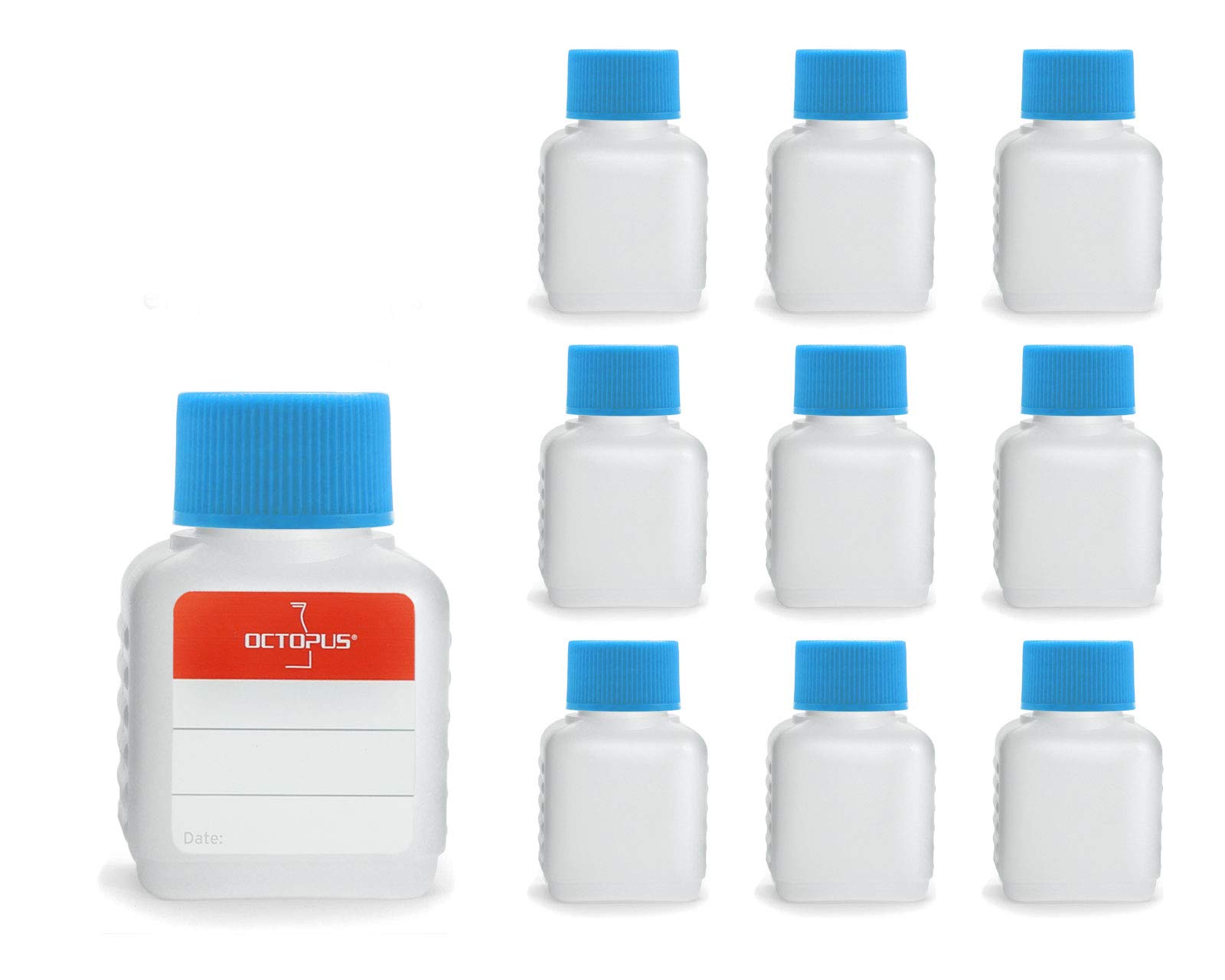 Octopus 10 x 50 ml plastic bottles, HDPE plastic bottles with blue screw caps, empty bottles with blue screw caps, square bottles incl. 10 labels