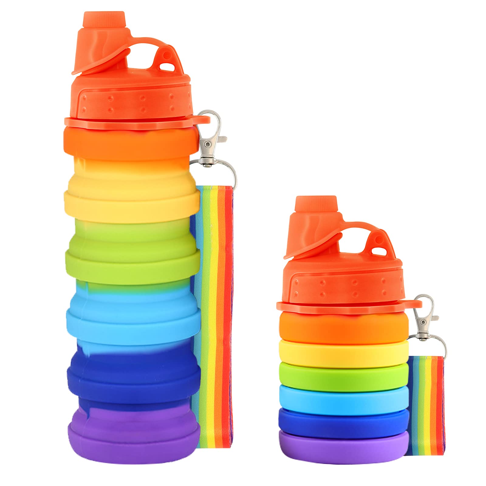 Newthinking Silicone Water Bottle for Kids, 500 ml Portable Collapsible Water Bottles, Leak Proof Silicone Drink Bottles with Lanyard Straps for Girls and Boys (Rainbow)