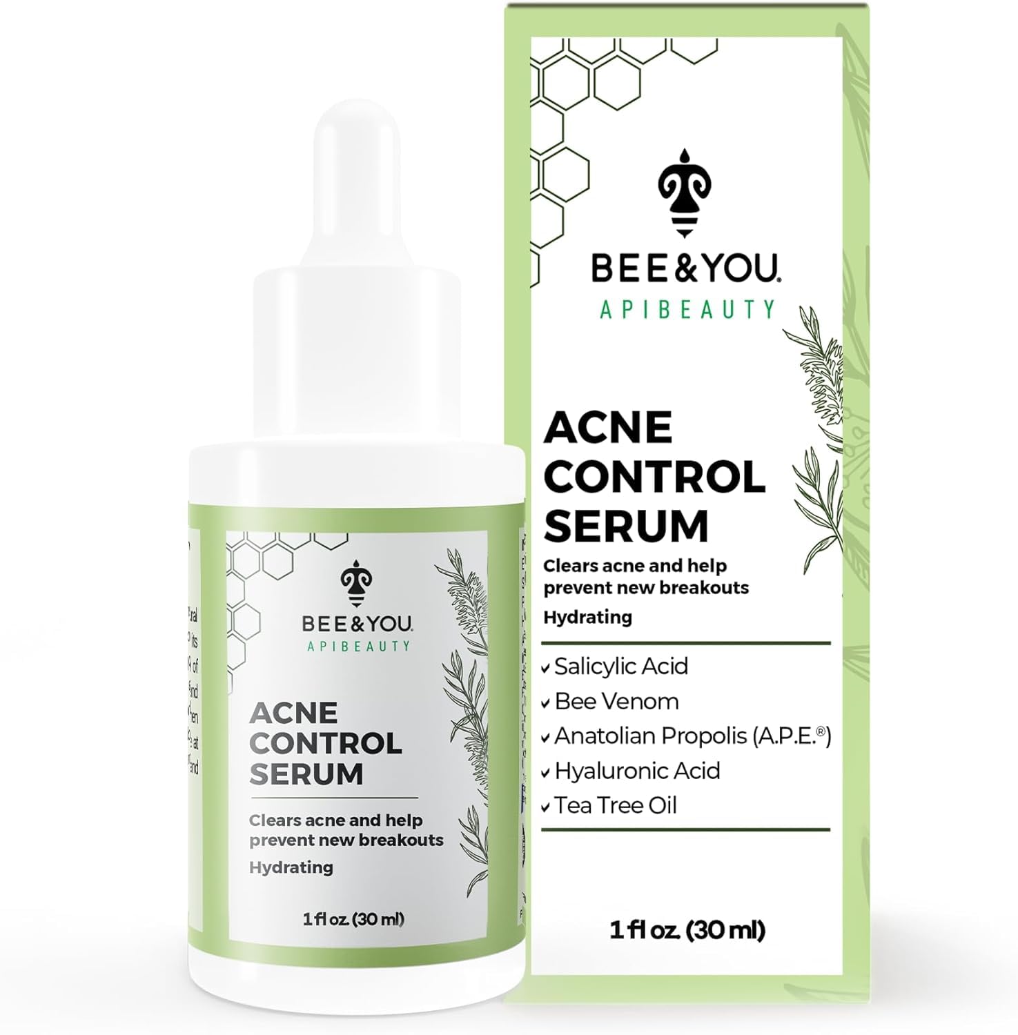 BEE and YOU Acne Treatment with Salicylic Acid, Bee Venom and 100% Natural Propolis Extract Acne Serum for Face and Body to Control and Clear Breakouts |1 Ounce