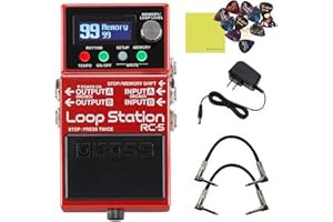 LIQUID AUDIO Boss RC-5 Loop Station Compact Phrase Recorder Pedal Bundle with 2x Strukture S6P48 Woven Right Angle Patch Cables, 12x Fender Guitar Picks, 9V Power Adapter and Instrument Polishing Cloth